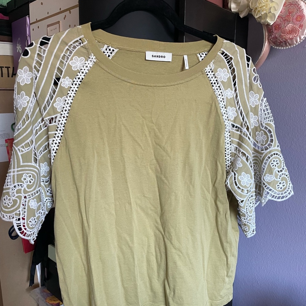 Sandro Top with White Crochet Sleeves